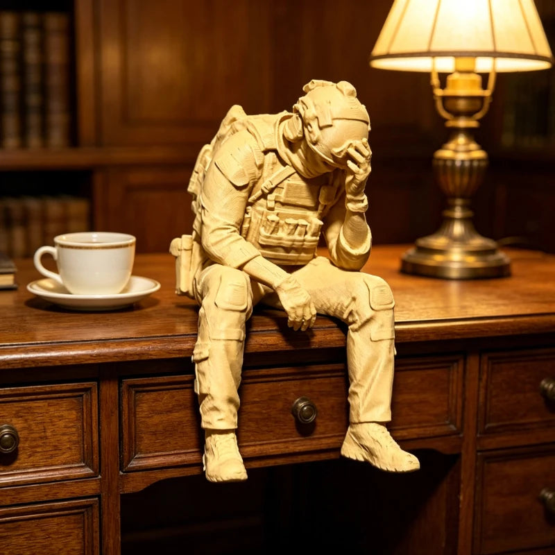 Military Style Sitting Soldier Figurine 3D Printed Miniature Tactical Gear Desk Ornaments Home Office Bookshelf Decor Craft Gift