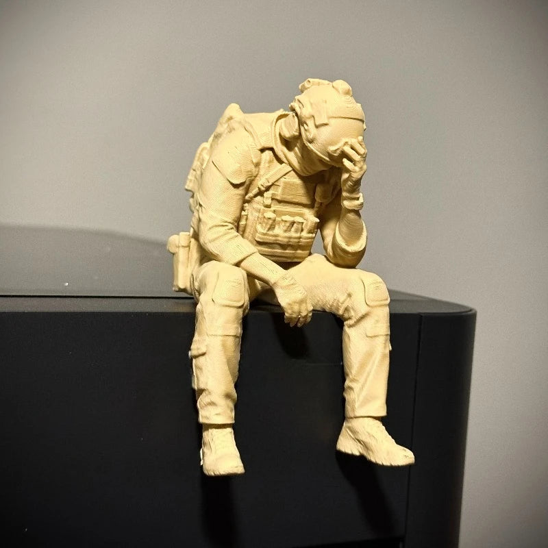 Military Style Sitting Soldier Figurine 3D Printed Miniature Tactical Gear Desk Ornaments Home Office Bookshelf Decor Craft Gift
