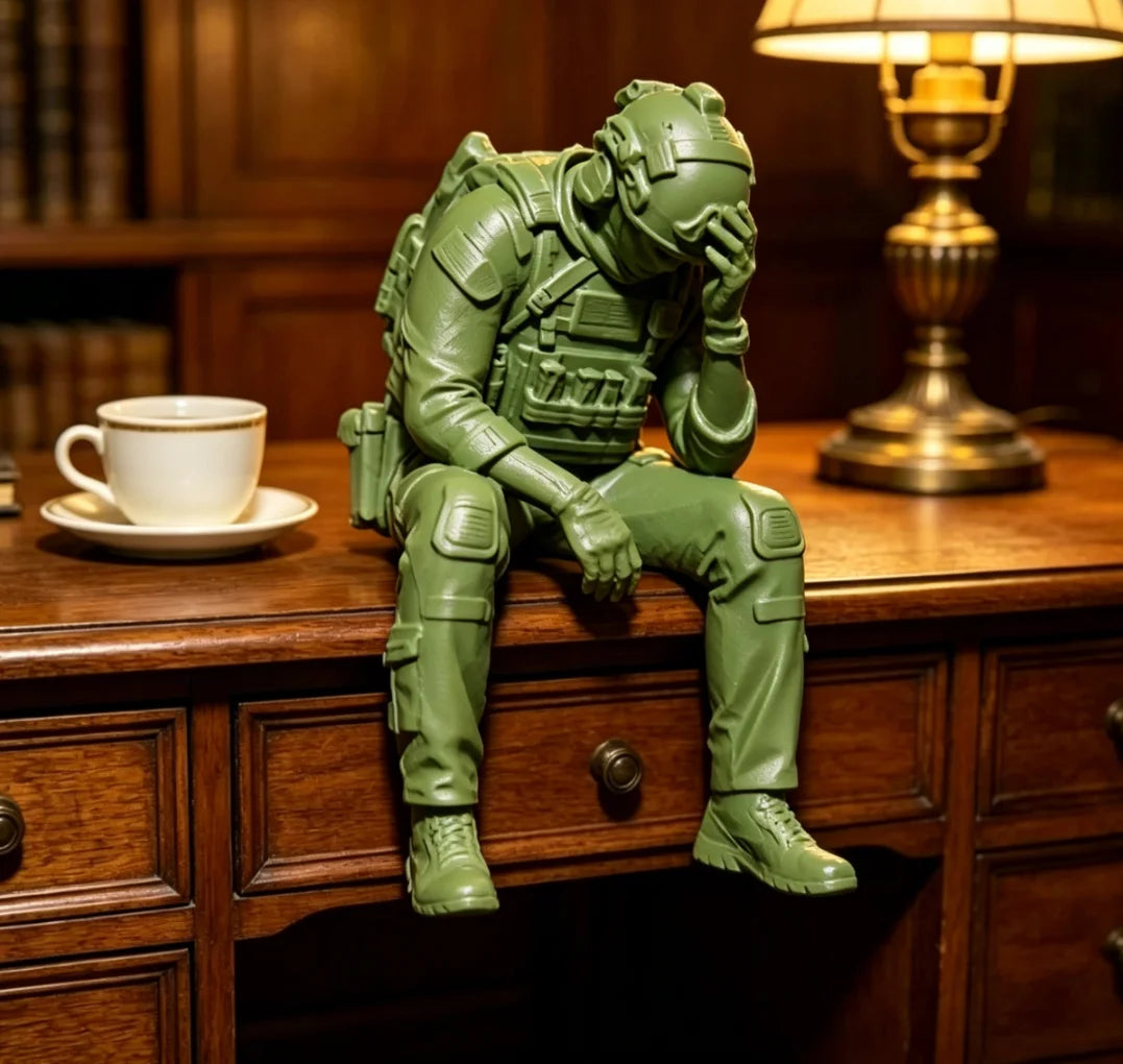 Military Style Sitting Soldier Figurine 3D Printed Miniature Tactical Gear Desk Ornaments Home Office Bookshelf Decor Craft Gift