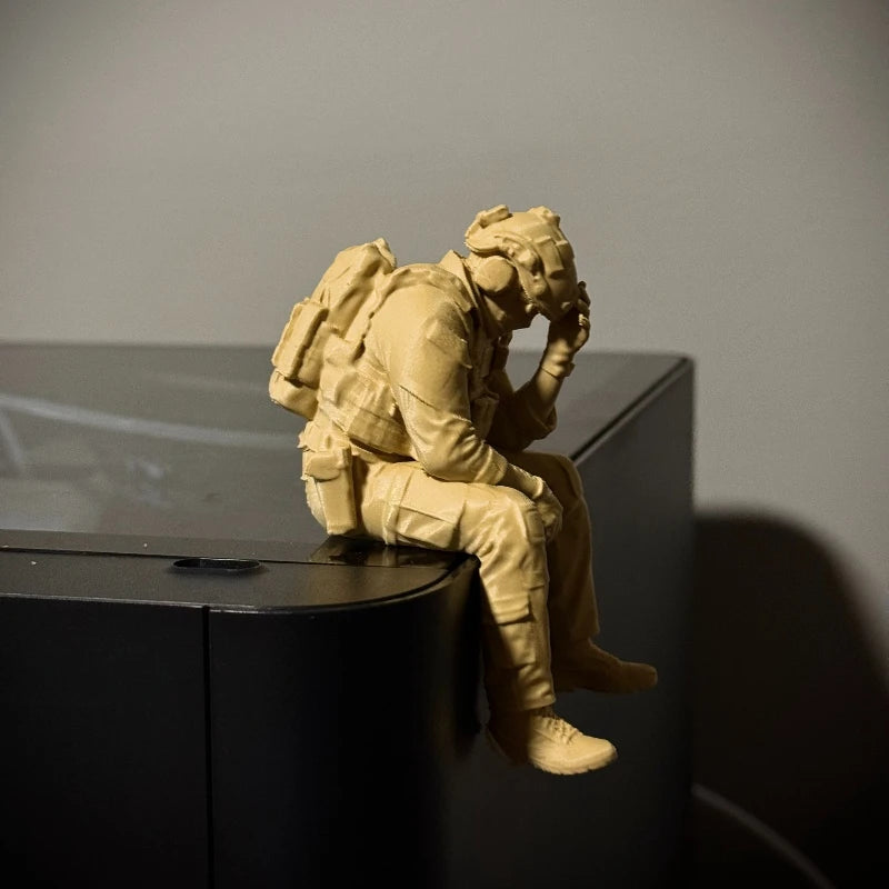 Military Style Sitting Soldier Figurine 3D Printed Miniature Tactical Gear Desk Ornaments Home Office Bookshelf Decor Craft Gift