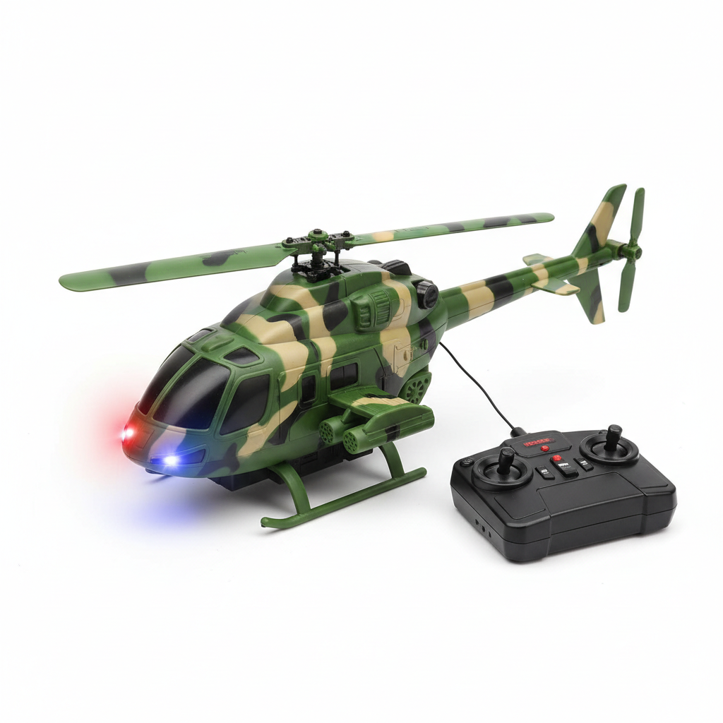 Kids Military Army RC Helicopter Toy - Green Camouflage with LED Lights